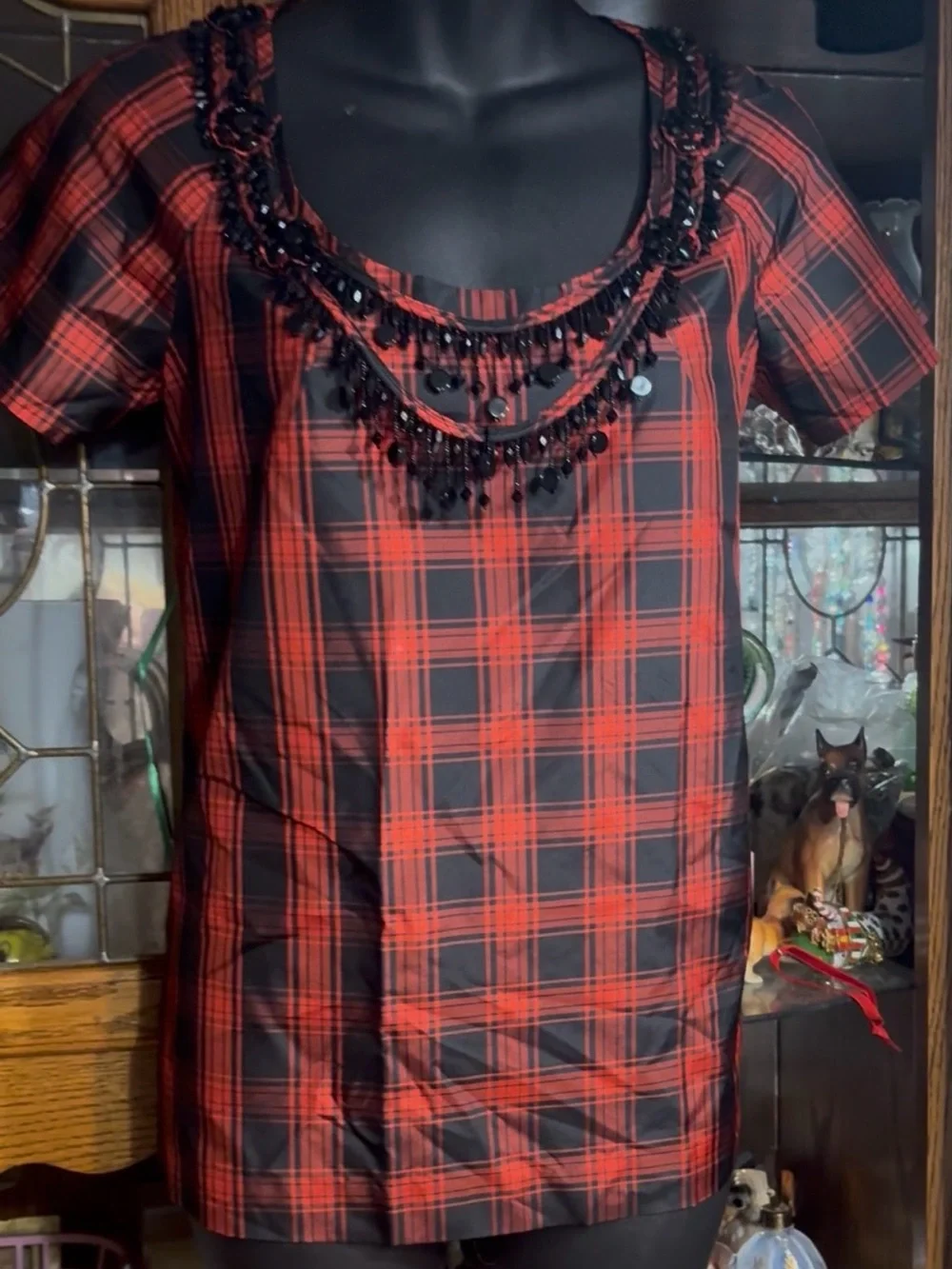 J.Crew Eliza silk red and black tartan plaid blouse built-in black xs 0
